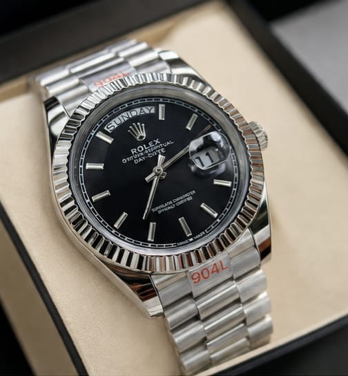 Rolex Oyster Perpetual Day-Date 35mm Automatic Black Dial – Silver
