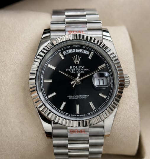 Rolex Oyster Perpetual Day-Date 35mm Automatic Black Dial – Silver