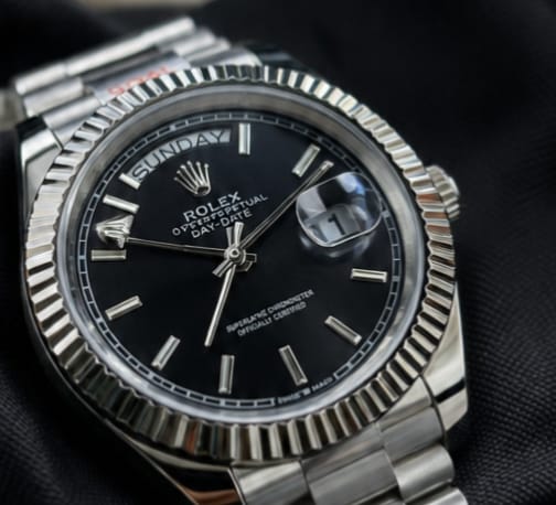 Rolex Oyster Perpetual Day-Date 35mm Automatic Black Dial – Silver