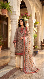 Sapphire 3 Piece Unstitched Printed Lawn Suit – Cream & Rust