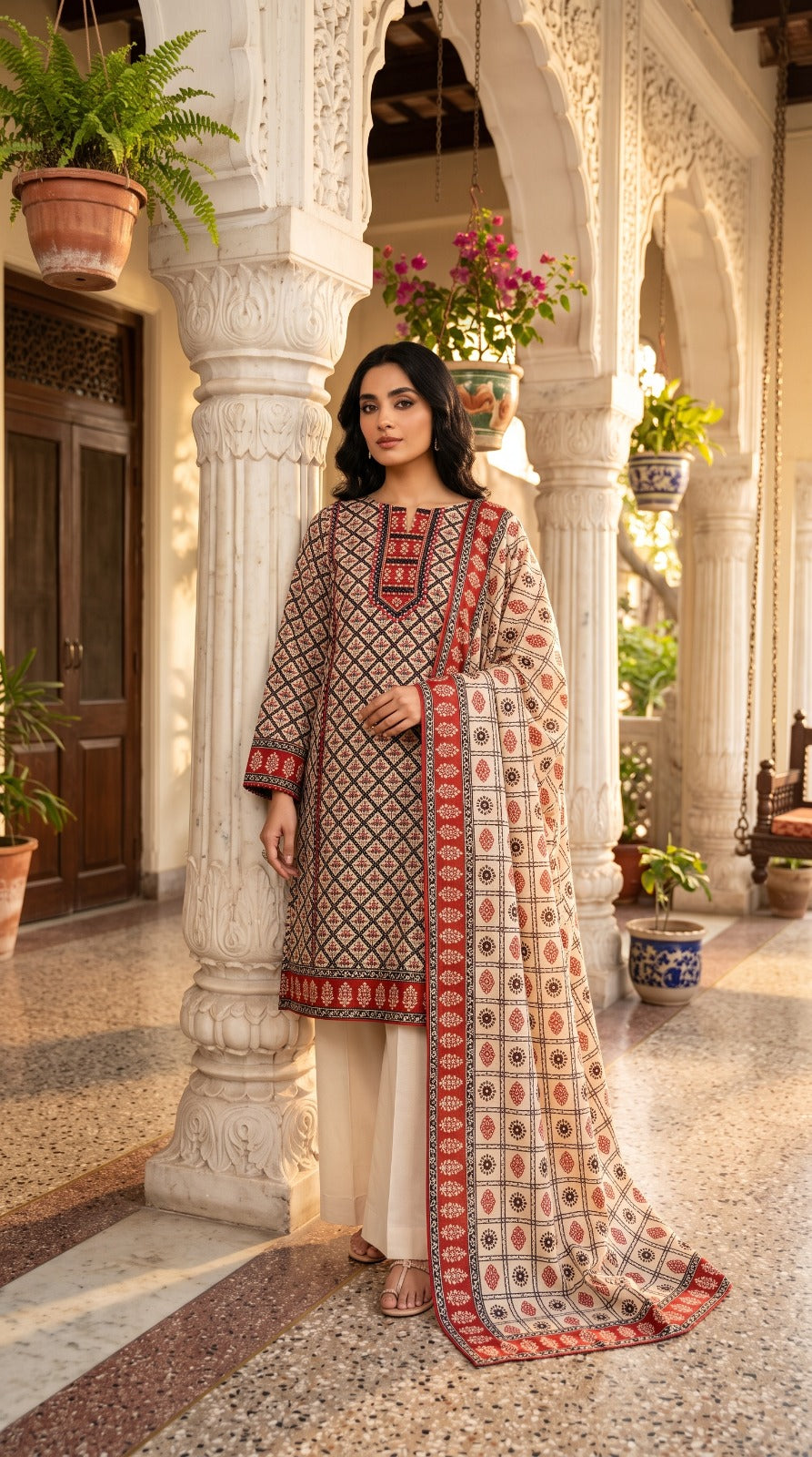 Sapphire 3 Piece Unstitched Printed Lawn Suit – Cream & Rust
