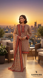 Sapphire 3 Piece Unstitched Printed Lawn Suit – Cream & Rust