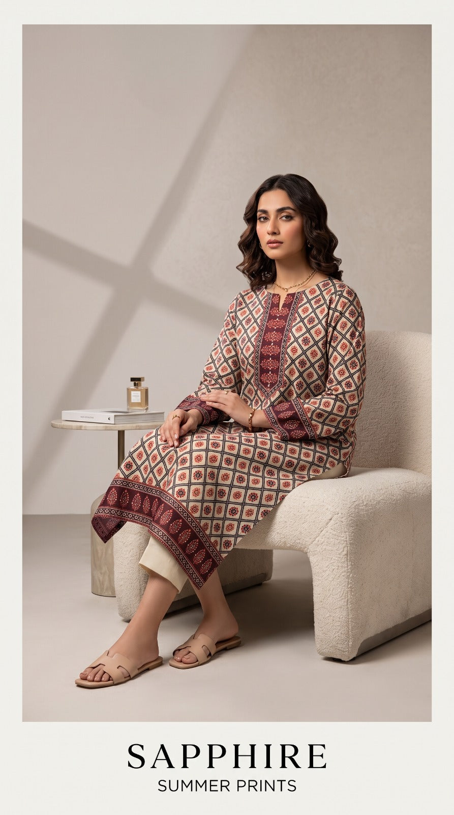 Sapphire 3 Piece Unstitched Printed Lawn Suit – Cream & Rust