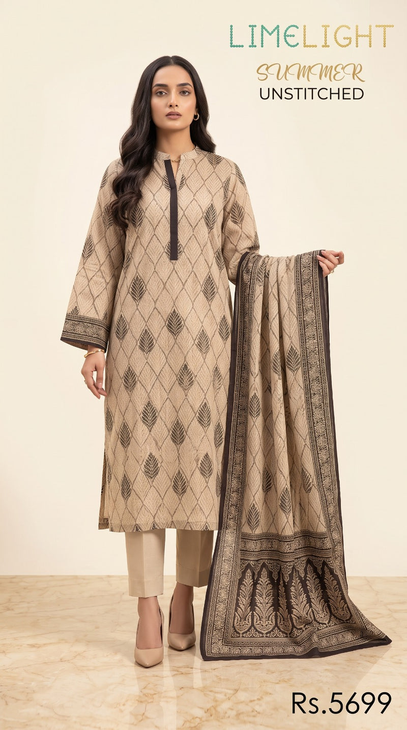 Limelight 3 Piece Unstitched Summer Suit – Printed Doriya Shirt, Printed Lawn Dupatta & Dyed Trouser
