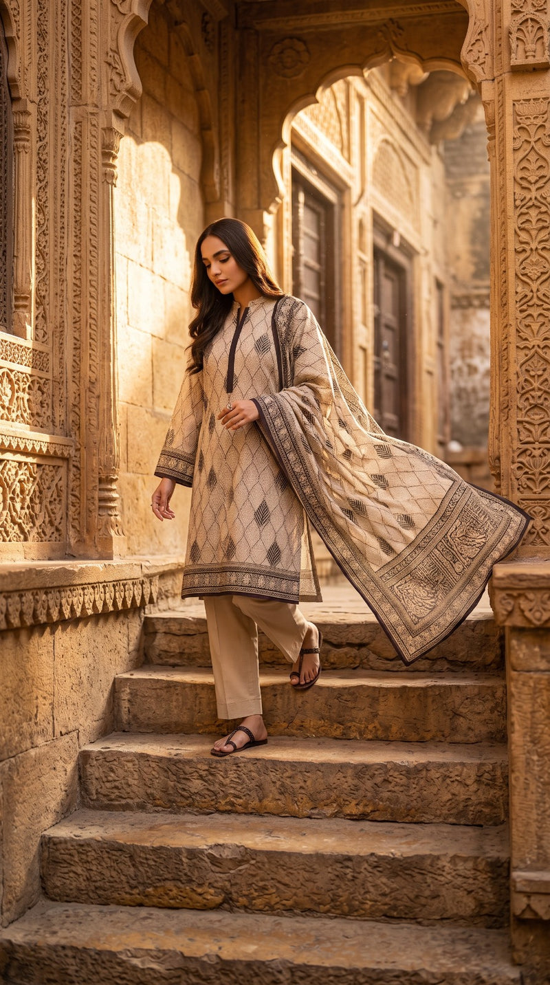 Limelight 3 Piece Unstitched Summer Suit – Printed Doriya Shirt, Printed Lawn Dupatta & Dyed Trouser