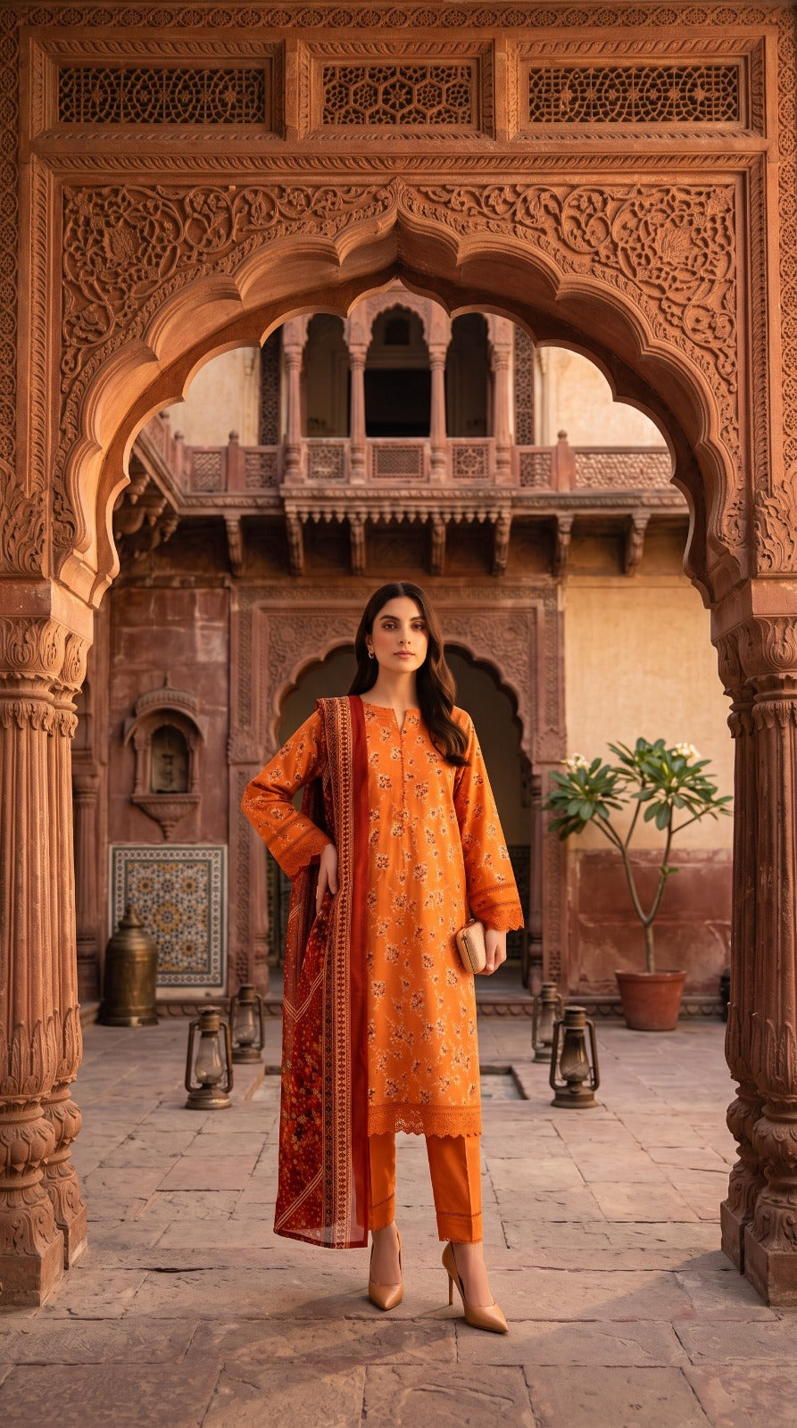 Sapphire 3 Piece Unstitched Printed Lawn Suit – Orange Floral | Summerscapes Collection