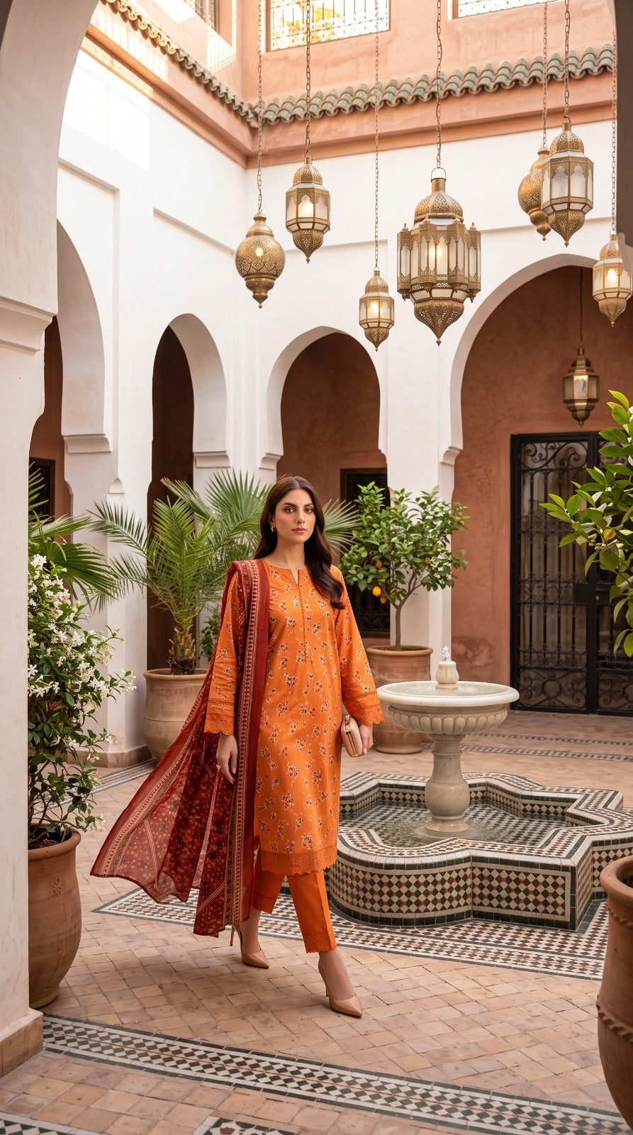 Sapphire 3 Piece Unstitched Printed Lawn Suit – Orange Floral | Summerscapes Collection