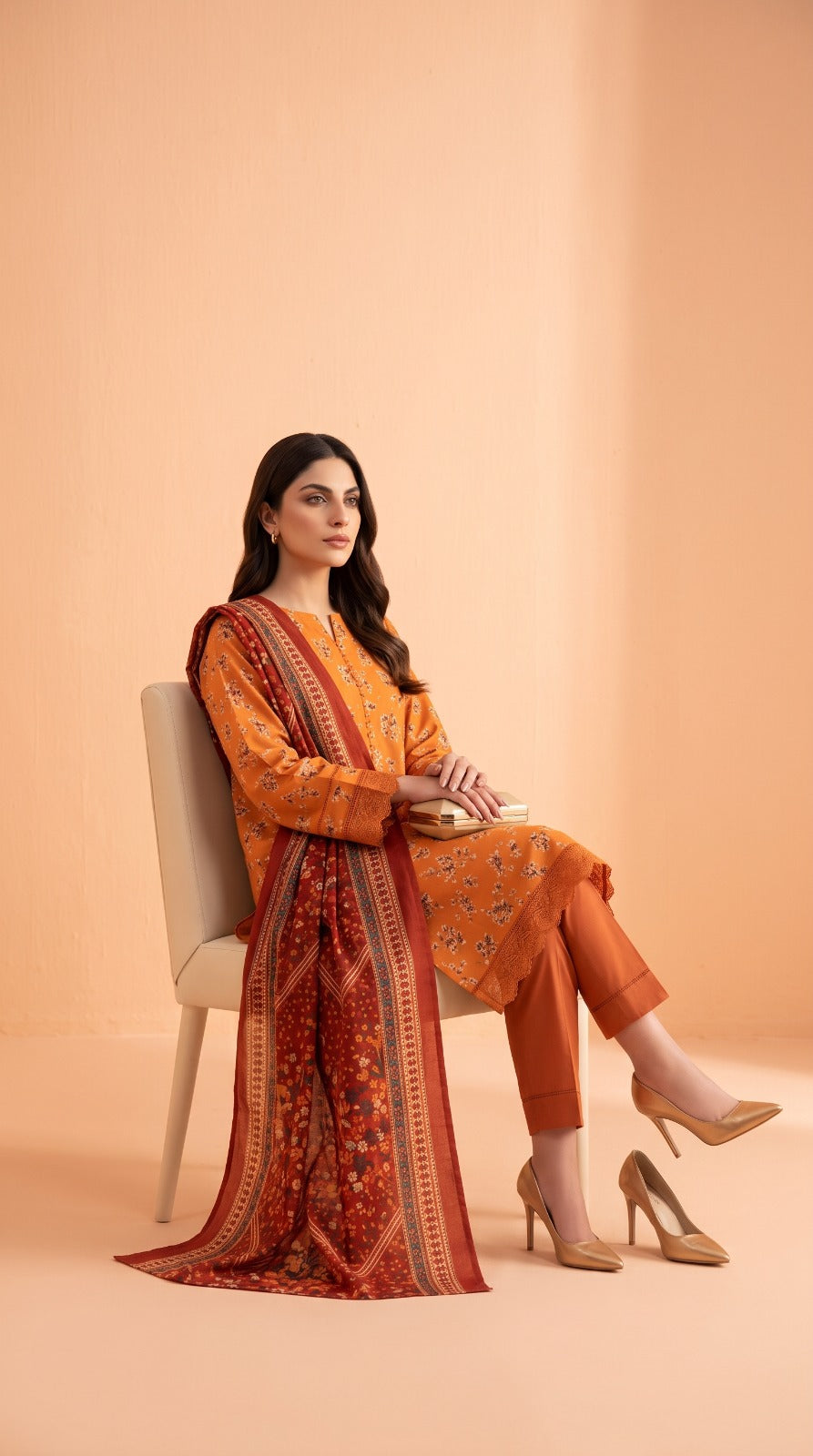 Sapphire 3 Piece Unstitched Printed Lawn Suit – Orange Floral | Summerscapes Collection