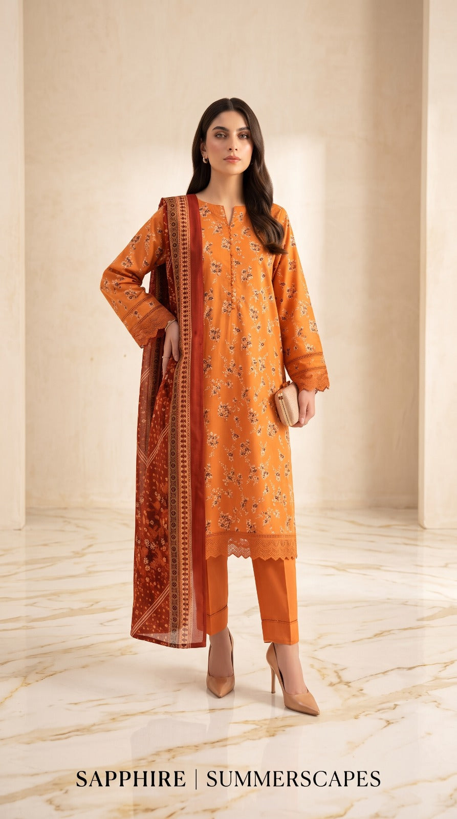 Sapphire 3 Piece Unstitched Printed Lawn Suit – Orange Floral | Summerscapes Collection