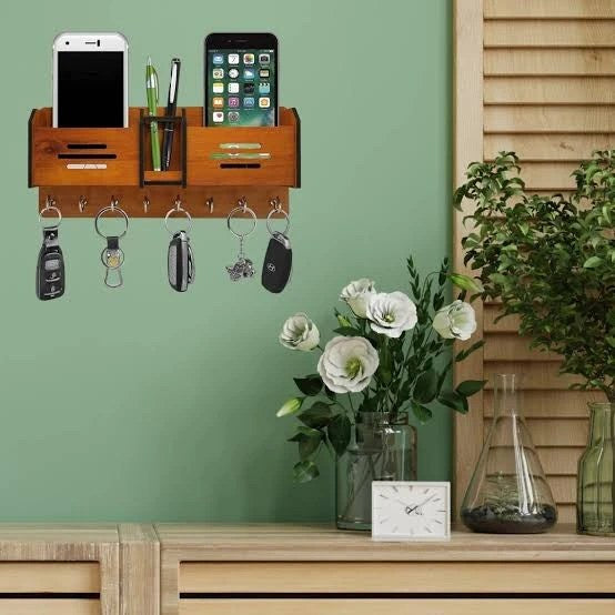 Wooden Wall Key Holder with Mobile Charging Stand