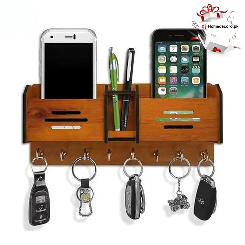 Wooden Wall Key Holder with Mobile Charging Stand