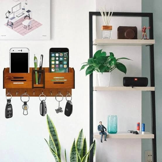 Wooden Wall Key Holder with Mobile Charging Stand