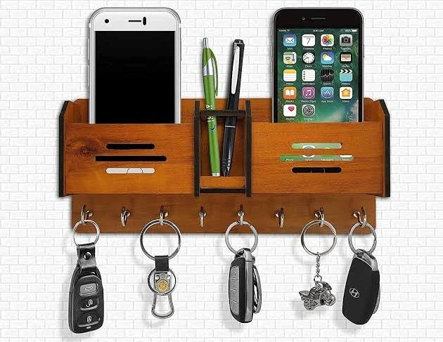 Wooden Wall Key Holder with Mobile Charging Stand